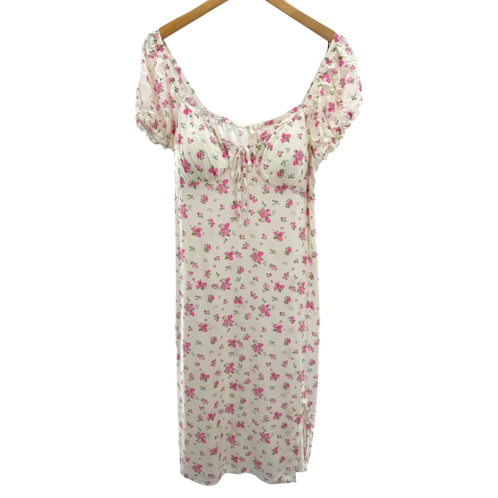 Pink Floral Milkmaid Midi Dress White Short Puff Sleeve Slit Sweetheart Neck M